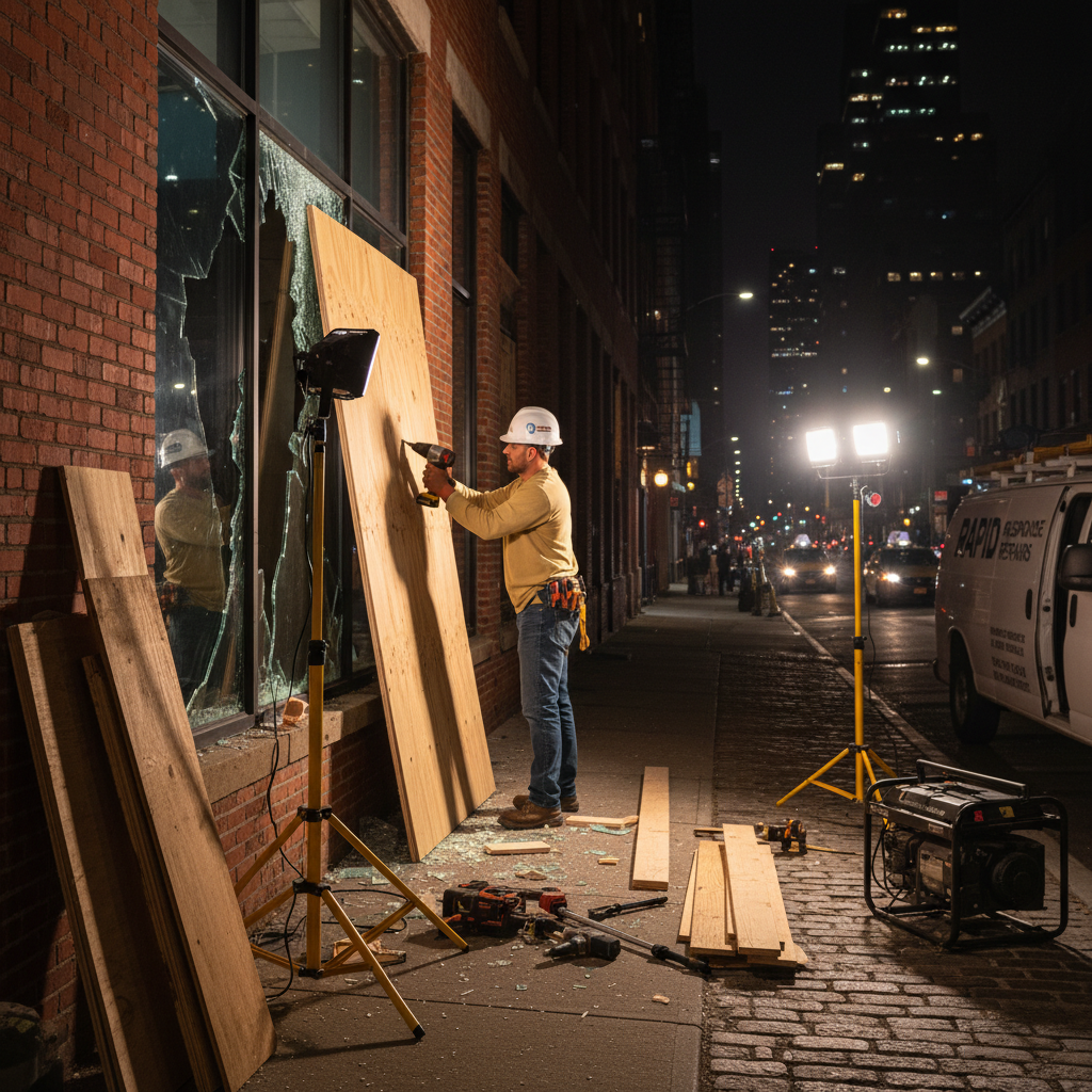Contractor boarding up broken window on NYC brick building at night