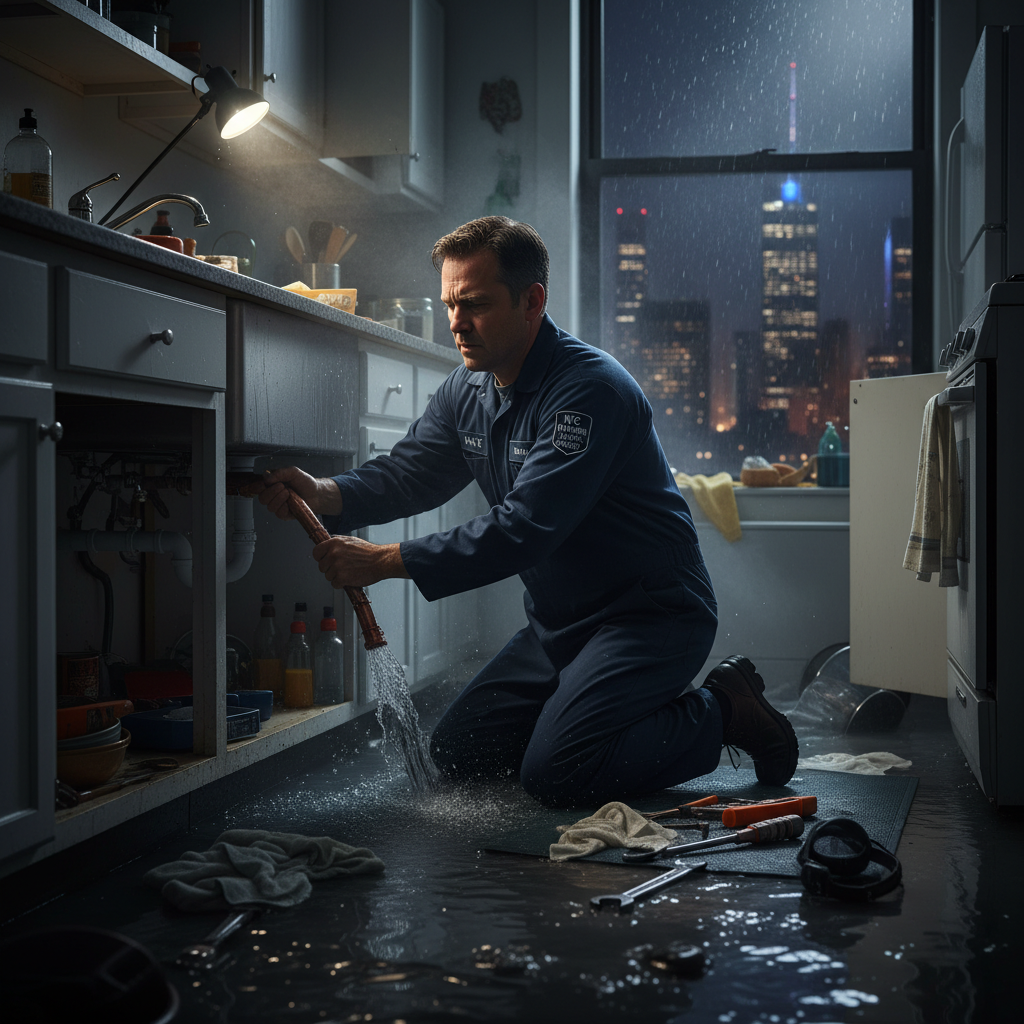 emergency plumber fixing burst pipe in flooded NYC apartment