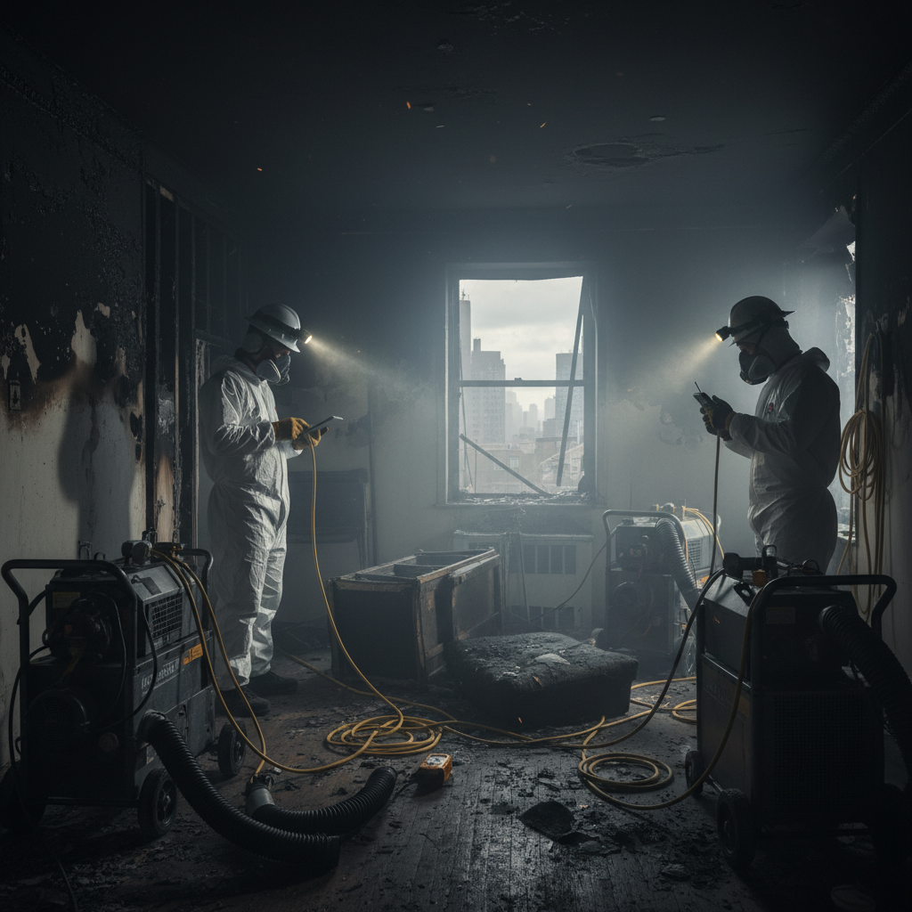 fire damage restoration crew assessing smoke damage in NYC apartment
