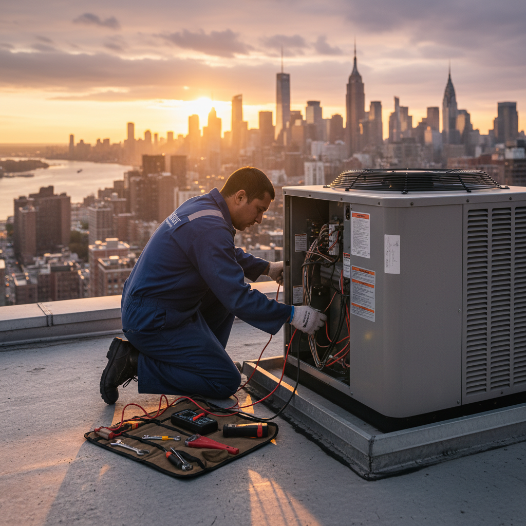 HVAC technician repairing rooftop AC unit on NYC building