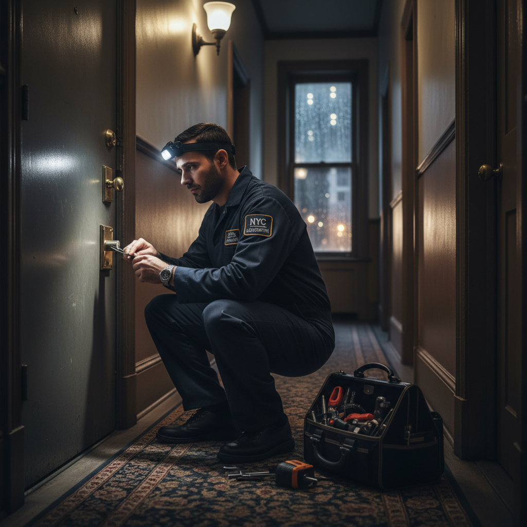 licensed locksmith working on NYC apartment door