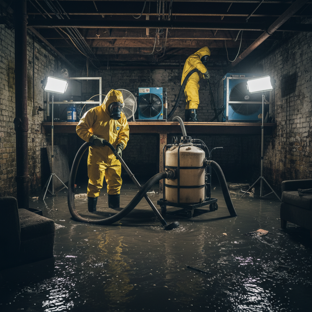 Hazmat technician performing sewage backup cleanup in flooded NYC basement