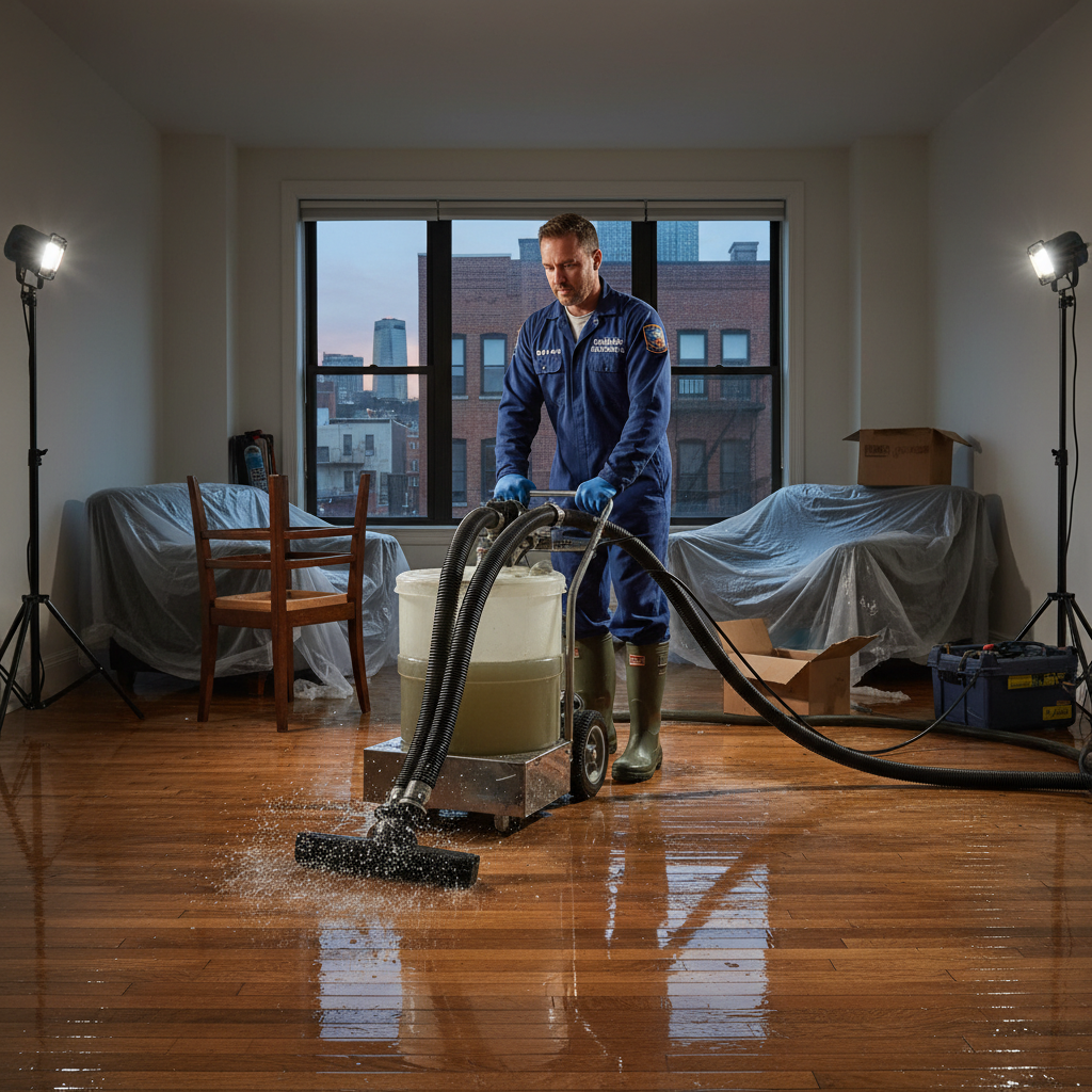Water damage restoration technician in Astoria Queens apartment