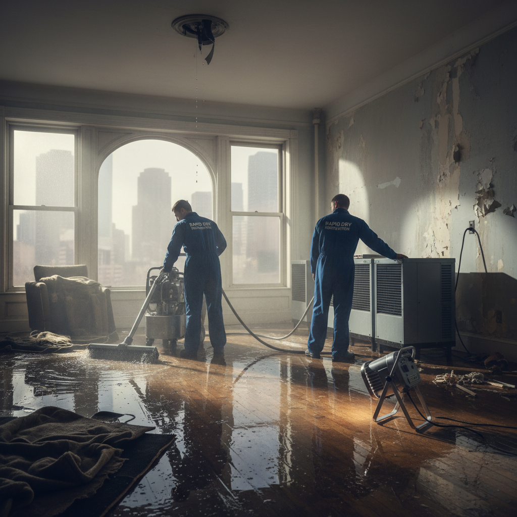 Water damage restoration crew with extraction equipment inside a flooded NYC apartment